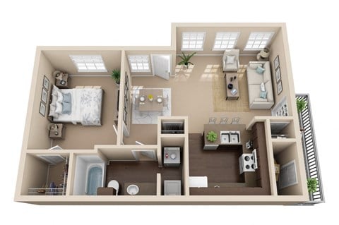 Floor plan for 1 bed, 1 bath, 730 sqft